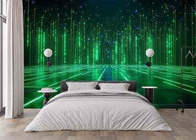 Futuristic green abstract landscape with glowing light beams, ideal for technology and digital art concepts. Stage for product presentation. Wall mural