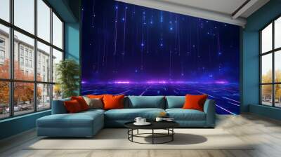 Futuristic holographic digital landscape with neon lights and glowing lines in a dark, sci-fi environment. Perfect for technology themes. Wall mural