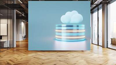 Futuristic illustration of cloud storage concept with metallic data layers and glowing lights on a minimalistic background. Wall mural