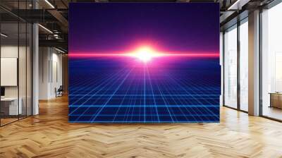 Futuristic landscape with glowing grid and bright sunrise, representing retro wave aesthetics, technology and innovation. Wall mural