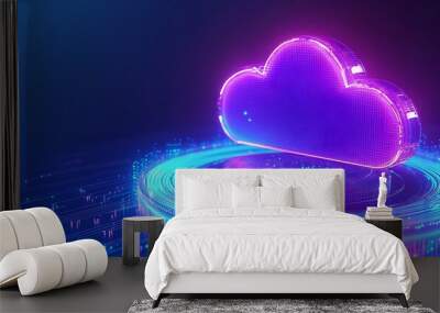 Futuristic neon cloud icon representing technology and data storage in a digital, glowing environment. Perfect for cloud computing themed visuals. Wall mural