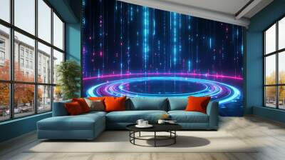 Futuristic neon light display in vibrant blue and pink tones, creating a captivating abstract background. Wall mural