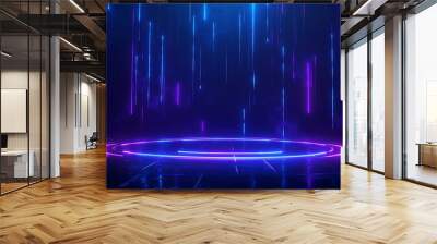 Futuristic neon lights background with glowing blue and purple light rings on a dark digital surface, ideal for technology and sci-fi themes. Wall mural