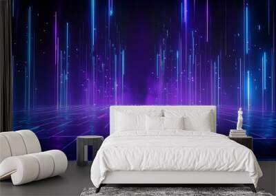 Futuristic neon lights in purple and blue, creating a vibrant digital background for technology or science themes. Wall mural