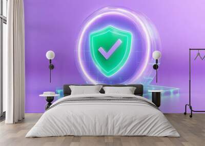 Futuristic shield icon in neon light, symbolizing digital security and trust, on a glowing surface in a purple gradient background. Wall mural