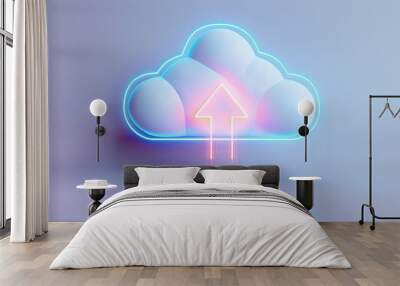 Glowing cloud icon with upload arrow, representing modern technology and cloud storage solutions on a gradient background. Wall mural