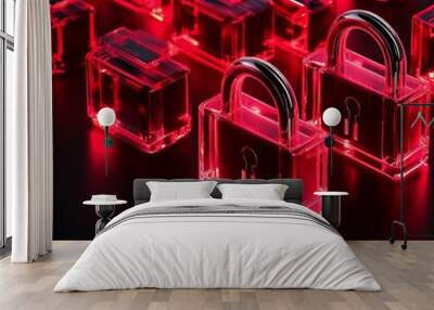 Glowing transparent red padlocks on a dark surface, symbolizing digital security and data protection in a modern environment. Wall mural