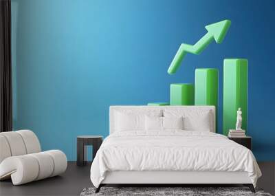 Green 3D bar graph showing upward growth on a blue gradient background. Business and financial success concept. Wall mural