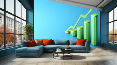 Green 3D bar graph with an upward arrow on a blue background symbolizing growth, progress, and success in business or finance. Wall mural