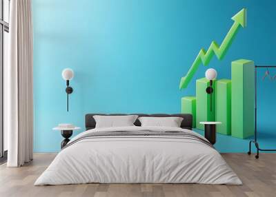 Green 3D bar graph with an upward arrow on a blue background symbolizing growth, success, and positive business trends. Wall mural