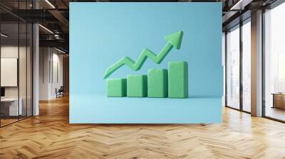 Green bar chart with arrow pointing upwards on blue background, symbolizing business growth and positive financial trends. 3D Illustration. Wall mural