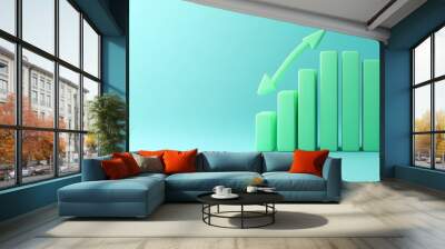 Green bar chart with upward arrow symbolizing growth and success on light blue background, representing financial performance and progress. Wall mural