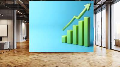 Green bar graph symbolizing business growth and success with an upward arrow on a blue background. Wall mural