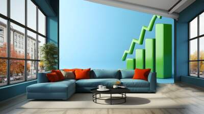 Green bar graph with upward arrow on blue background symbolizing growth, progress, and successful business or financial performance. Wall mural