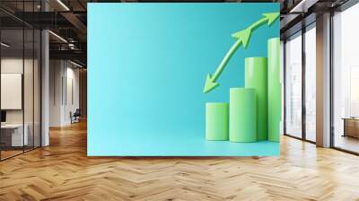 Green bar graph with upward arrow showing growth trend on a turquoise background, representing business success and financial increase. Wall mural