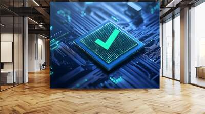 Green checkmark on a microchip representing successful technology verification and secure data on a blue computer motherboard. Wall mural