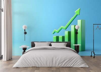 Green upward trend graph on blue background representing business growth, success, and positive financial performance. Wall mural