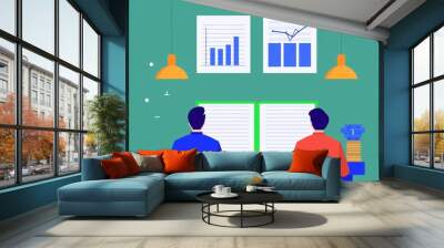 Illustration of two people working at a desk with charts and graphs on the wall, highlighting teamwork and productivity in a modern office setup. Wall mural