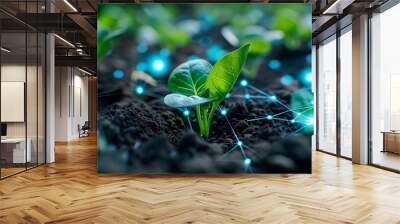 Innovative smart agriculture concept with connected technology enhancing plant growth in a lush green field showcasing digital advancements. Wall mural