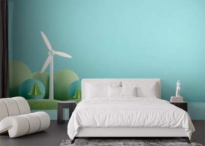 Minimalist illustration of wind turbine in green landscape with abstract trees and clear blue sky, symbolizing clean energy and sustainability. Wall mural