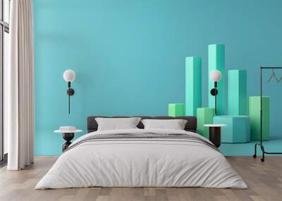 Minimalistic 3D bar graph in shades of green and blue on a plain background, representing data visualization and business growth. Wall mural