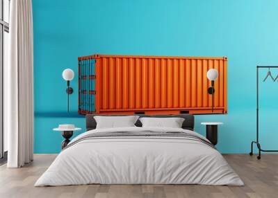 Minimalistic image of an orange shipping container on a blue background, emphasizing simplicity and color contrast in industrial design. Wall mural