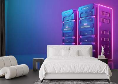 Modern data servers with futuristic neon lighting in a blue and purple gradient environment showcasing advanced technology infrastructure. Wall mural