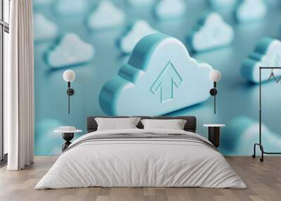 Multiple cloud icons with upload arrow symbol, representing cloud computing, technology, data storage, and online services. Wall mural