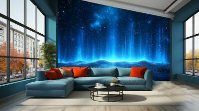 Mystical blue lights beam up from a cold, ethereal landscape under a star-studded night sky, creating a cosmic aura of serenity and wonder. Wall mural