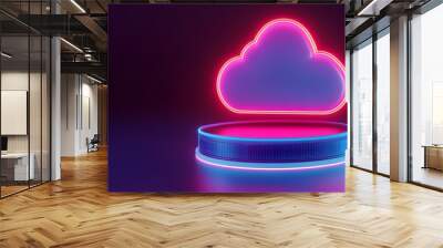 Neon cloud icon on platform, representing modern technology, cloud computing, and data storage with vibrant colors and futuristic design. Wall mural