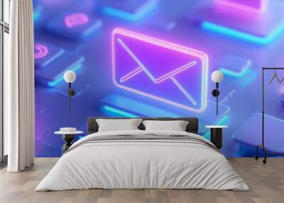 Neon email icon on a digital background, modern tech concept. Email Marketing concept. Wall mural