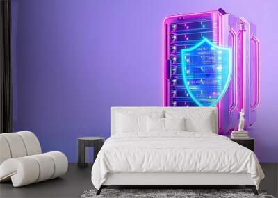 Neon-lit server room with a glowing security shield, representing data protection and cyber security in a modern technology environment. Wall mural