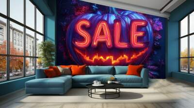 Neon sale sign on a pumpkin, surrounded by fall leaves and jack-o-lanterns, perfect for Halloween promotions. Wall mural