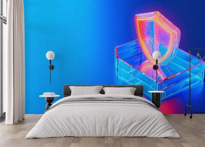 Neon shield icon in a glowing box, representing security and protection in a modern digital world. Wall mural