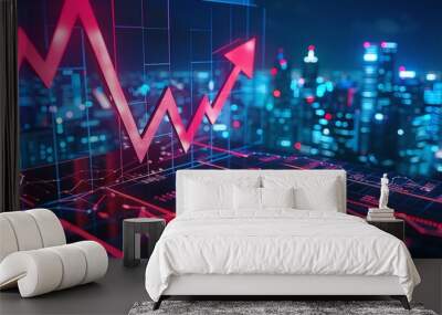 Real estate and property crisis. A dynamic stock market graph with a rising trend, showcasing financial growth and investment in a futuristic city backdrop. Wall mural