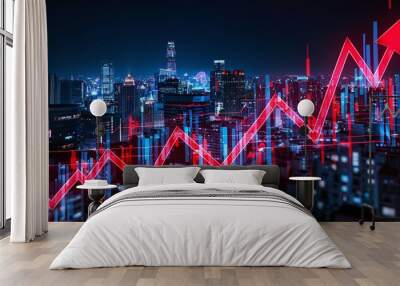 Real estate and property crisis. Dynamic city skyline with a glowing upward trend, symbolizing economic growth and investment opportunities in the urban landscape. Wall mural