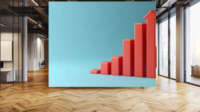 Red 3D bar chart with an upward arrow symbolizing growth and success on a blue background, representing business progress and achievement. Wall mural