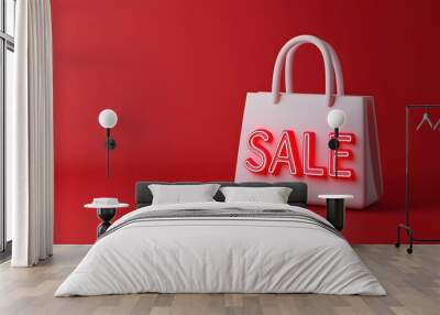 Red background with a white shopping bag displaying the word SALE in bold red letters. Perfect for promotional and marketing purposes. Wall mural