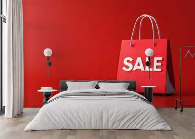 Red shopping bag with 'SALE' text against a matching red background, ideal for promotions and advertising seasonal sales and discounts. Wall mural