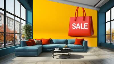 Red shopping bag with 'SALE' text against a yellow background, representing a discount or promotional sale concept. Wall mural