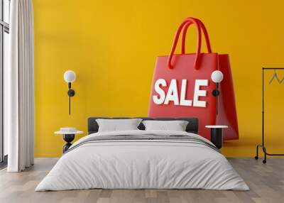 Red shopping bag with 'SALE' text on a vibrant yellow background, perfect for retail and discount promotions. Wall mural