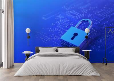 Secure padlock on a blue digital background symbolizing cybersecurity, data protection, and online privacy in the technological world. Wall mural