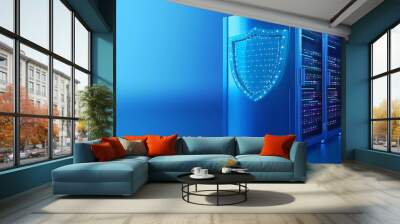 Secure server with digital shield symbolizing data protection and cybersecurity in a blue-toned environment. Wall mural