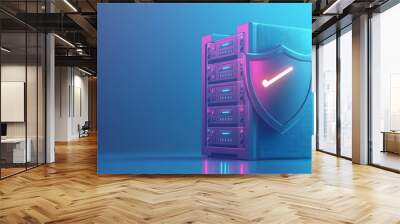 Secure server with glowing shield depicting data protection and cybersecurity. Modern technology concept in neon lighting. Wall mural