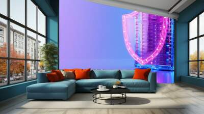 Server rack with glowing pink shield, representing cyber security, data protection, and digital safety in a futuristic setting. Wall mural