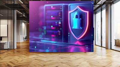 Server security with digital lock icon, highlighting data protection and cybersecurity in a colorful digital environment. Wall mural