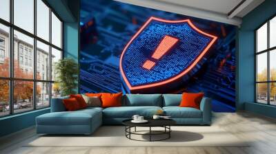 Shield icon with exclamation mark on motherboard, symbolizing digital security alert or warning against cyber threats and vulnerabilities. Wall mural