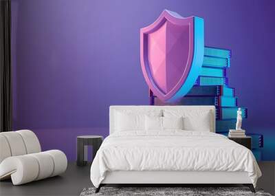 Stack of books with shield icon representing cybersecurity, data protection, and knowledge security in a modern digital concept. Wall mural