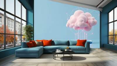 Surreal pink cloud hovering above a pedestal with geometric connections, against a light blue background. Futuristic and whimsical concept. 3D Illustration. Wall mural