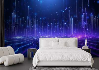 Vibrant abstract background showcasing flowing lights and bright particles in a futuristic, digital landscape. Stage for product presentation. Wall mural